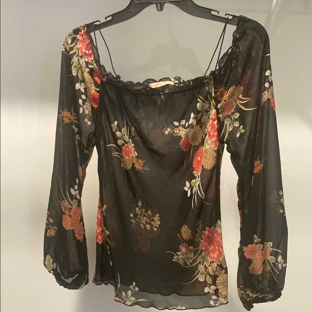 Forever 21 Red and Pink Ruffled Floral Long Sleeve Blouse